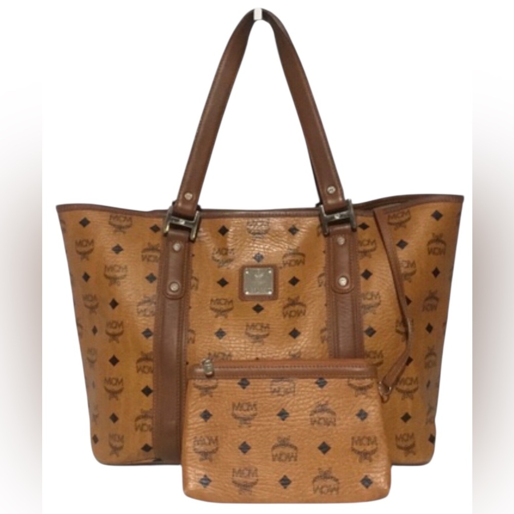 Authentic MCM Brown Leather Tote Bag with Pouch